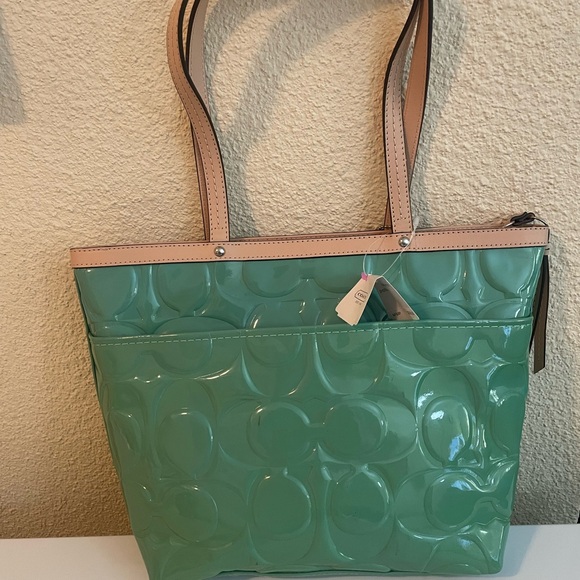 Coach Signature Stripe Embrossed patent Tote Bag - Picture 2 of 14